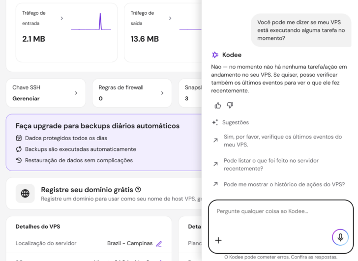 Exemplo de consulta ao Kodee, assistente de IA embutido no painel da Hostinger