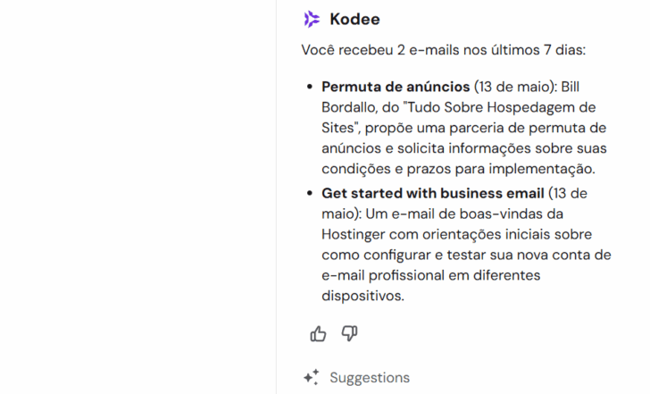 Exemplo de resumo de mensagens feito pelo Kodee