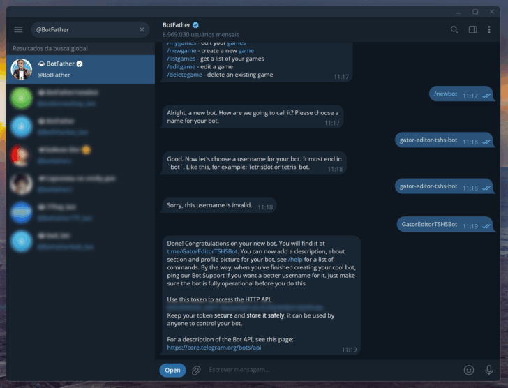 O processo de criação de um bot no Telegram foi bem tranquilo