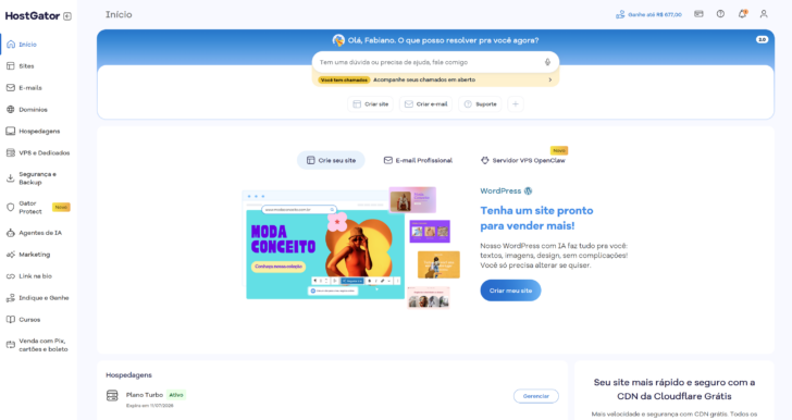 Página inicial do painel do cliente HostGator