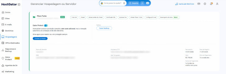 Gerenciamento do plano de hospedagem de sites HostGator