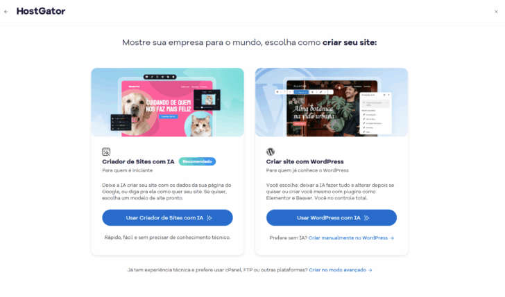 Opções de criação de sites facilitada no painel da HostGator