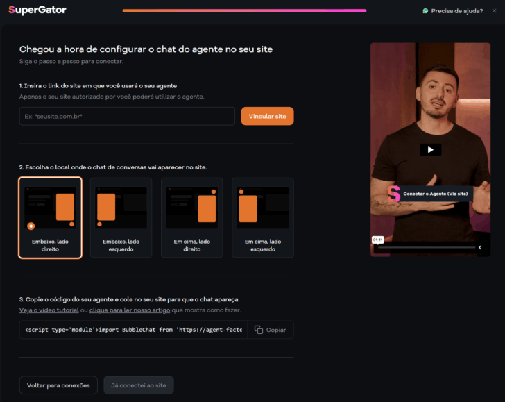 Tela de configuração do chat SuperGator em um site