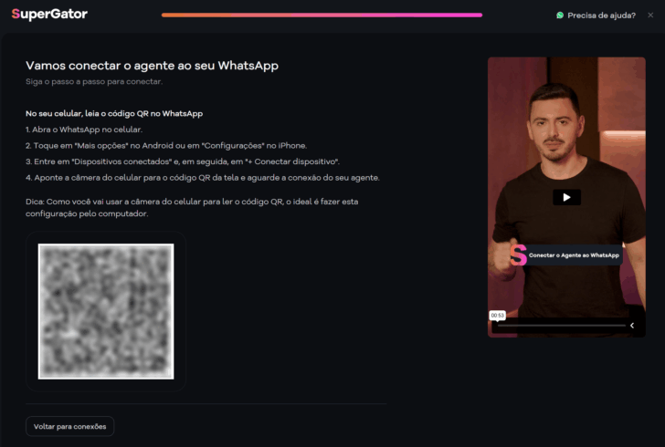 Tela de ativação do WhatsApp no SuperGator