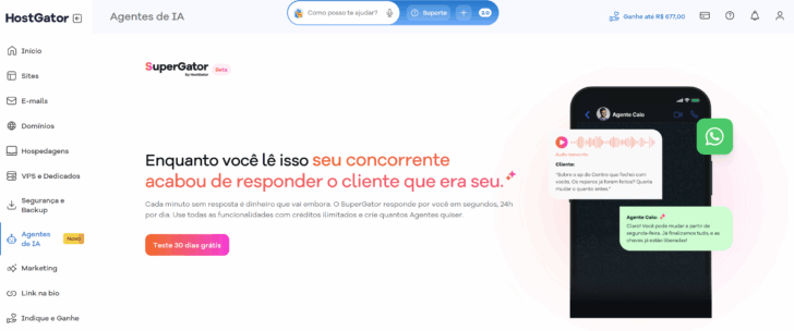 O SuperGator pode ser acessado a partir do painel do cliente HostGator
