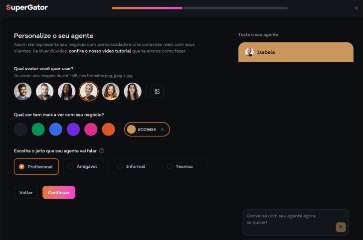 Área de personalização do agente de atendimento de IA