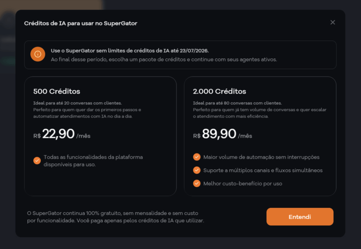 Tabela com os pacotes de crédito disponíveis no SuperGator