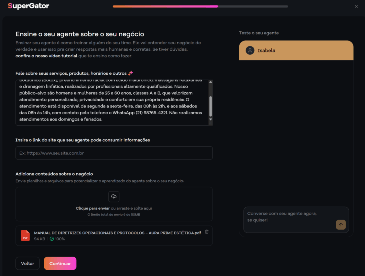 Área de treinamento do SuperGator, onde é possível inserir o site, documentos, refinar as informações iniciais e testar o atendimento