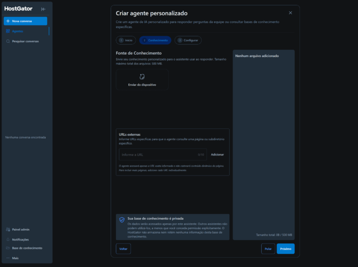 Na segunda etapa é possível adicionar fontes e URLs externas
