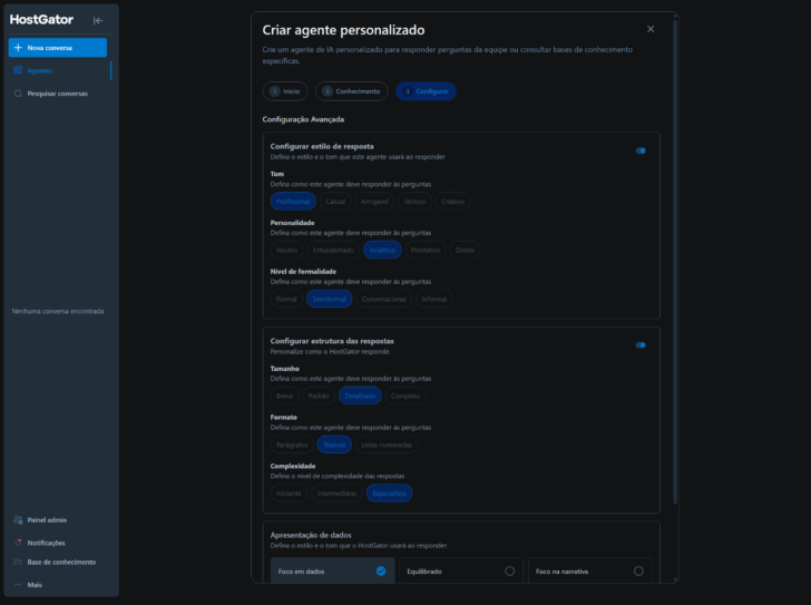 Na terceira etapa de criação do agente personalizado, é possível definir uma série de parâmetros para as respostas