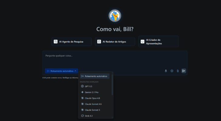 Chat inicial do HostGator AllPass, com a caixa de seleção de modelos de IA visível