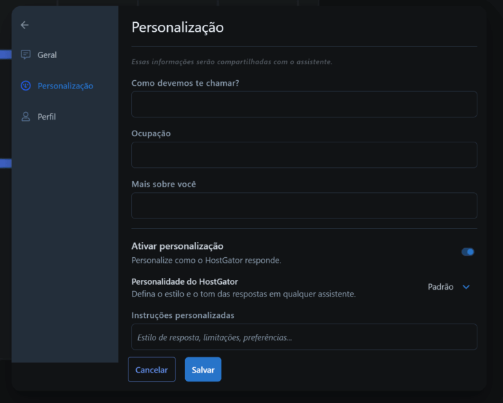 Janela de personalização do AllPass