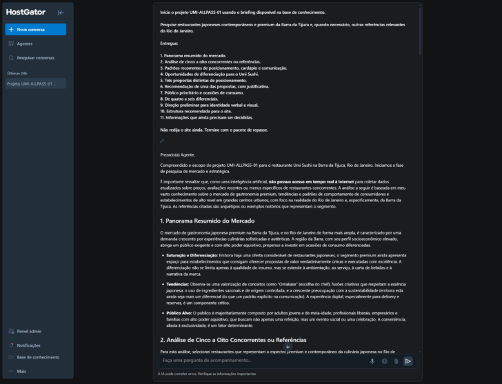 Prompt e resposta do agente criado com o objetivo de realizar um planejamento estratégico