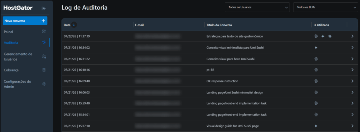 Logs de auditoria no painel do HostGator AllPass