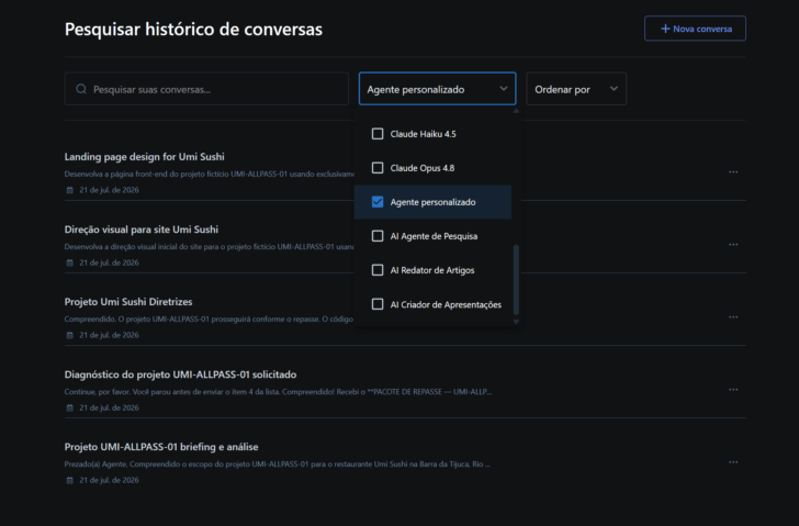 A pesquisa no histórico pode ser filtrada por modelo, incluindo agentes personalizados