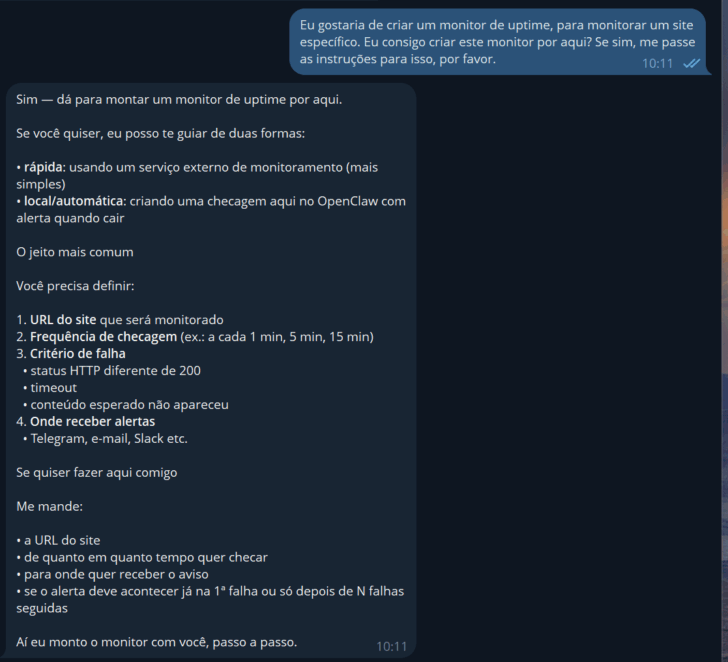 Início da criação do monitor de uptime, diretamente no Telegram