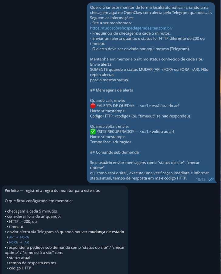 Prompt para a criação do monitor de uptime e a resposta do OpenClaw