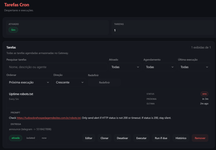 Painel do OpenClaw com a tarefa de verificação de uptime configurada