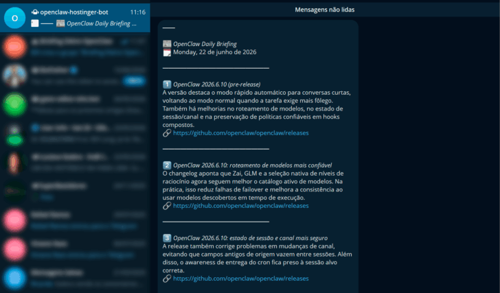 Resultado da primeira busca por notícias e novidades sobre o OpenClaw