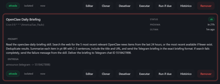 O briefing diário de notícias foi criado e configurado com sucesso no OpenClaw gerenciado