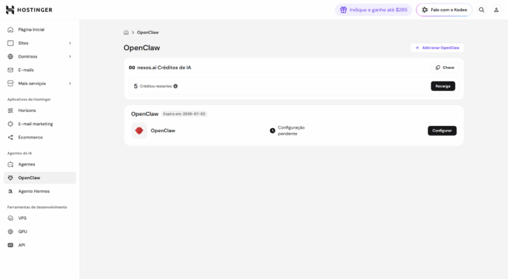 Painel de controle da Hostinger com a aba OpenClaw aberta