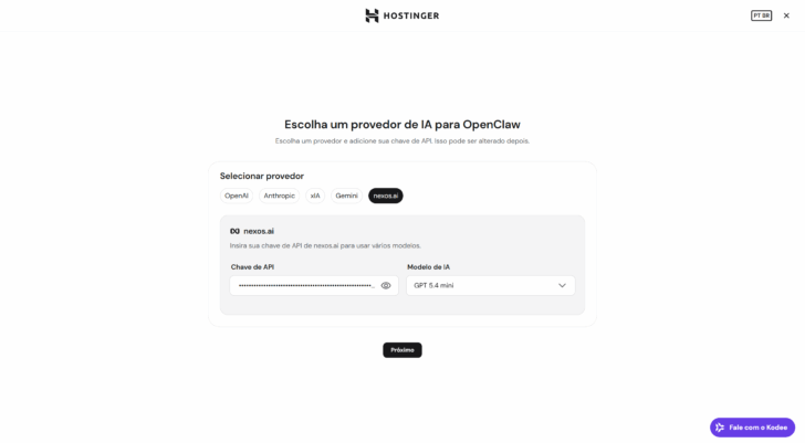 Tela para inserção da chave de API, que já vem previamente configurada