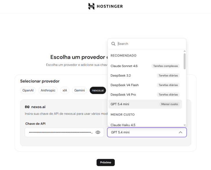 Optando pela Nexos, é possível escolher diversos modelos de IA na configuração inicial