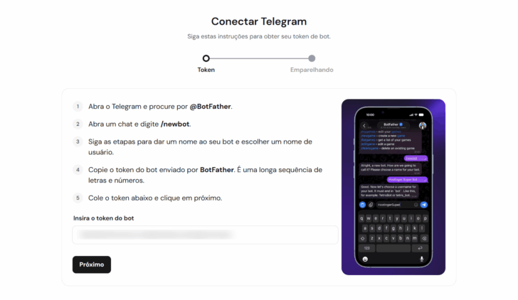 Tela para inserção do token do Telegram