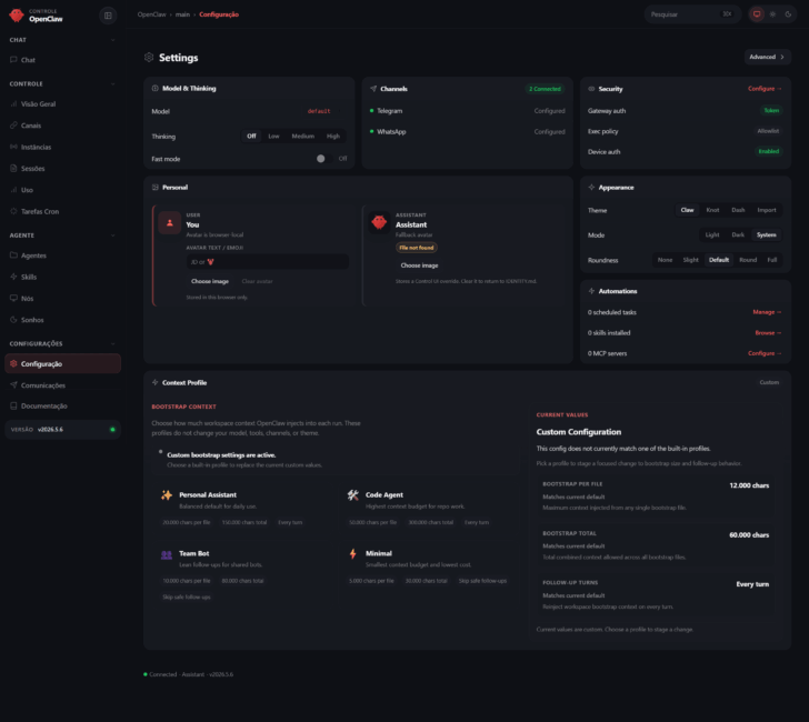 Tela de configuração do OpenClaw gerenciado Hostinger