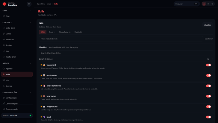 Tela de skills no painel do OpenClaw gerenciado