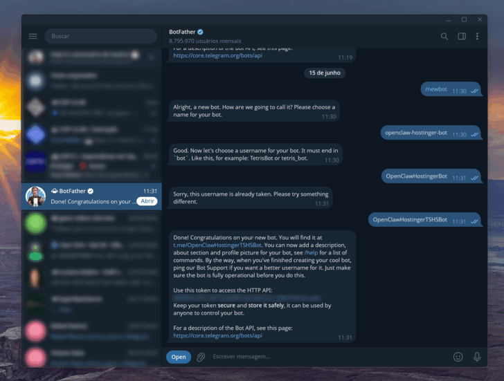 Criação de um novo bot, no app Telegram para desktop (o processo é o mesmo no celular)