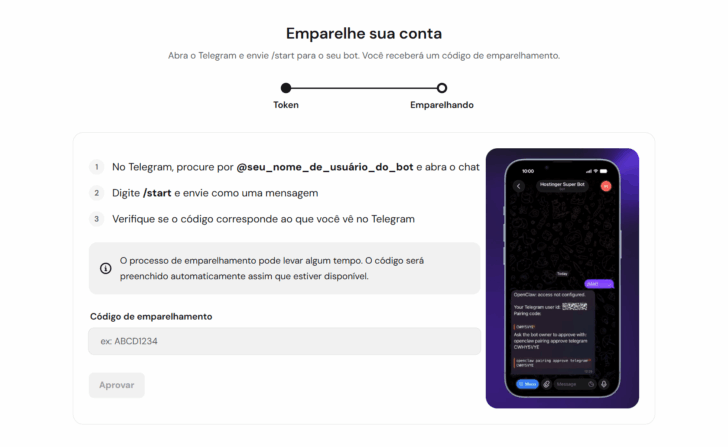 Tela de emparelhamento do novo bot com o OpenClaw, no assistente de configuração da Hostinger