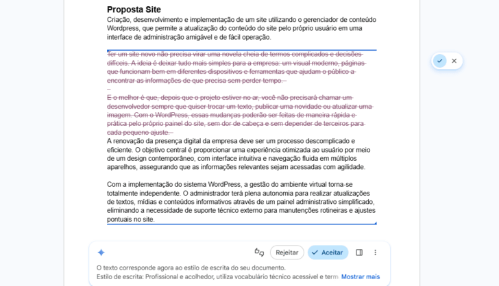 Teste de correspondência de estilo, exibindo o texto antes de depois dos ajustes sugeridos pelo Gemini integrado ao Google Workspace