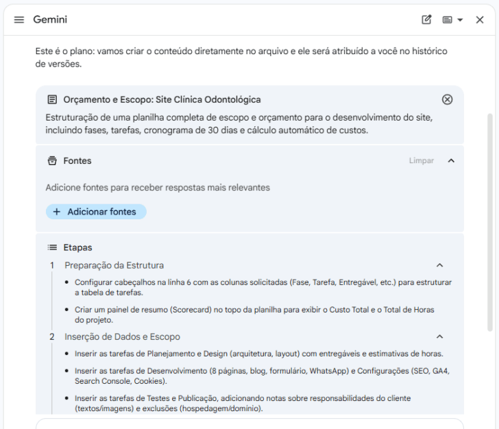 Plano de implementação da planilha, gerado pelo Gemini diretamente no Google Planilhas