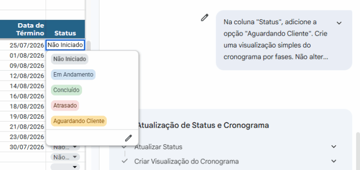 Prompt para inserção de opções na coluna de status