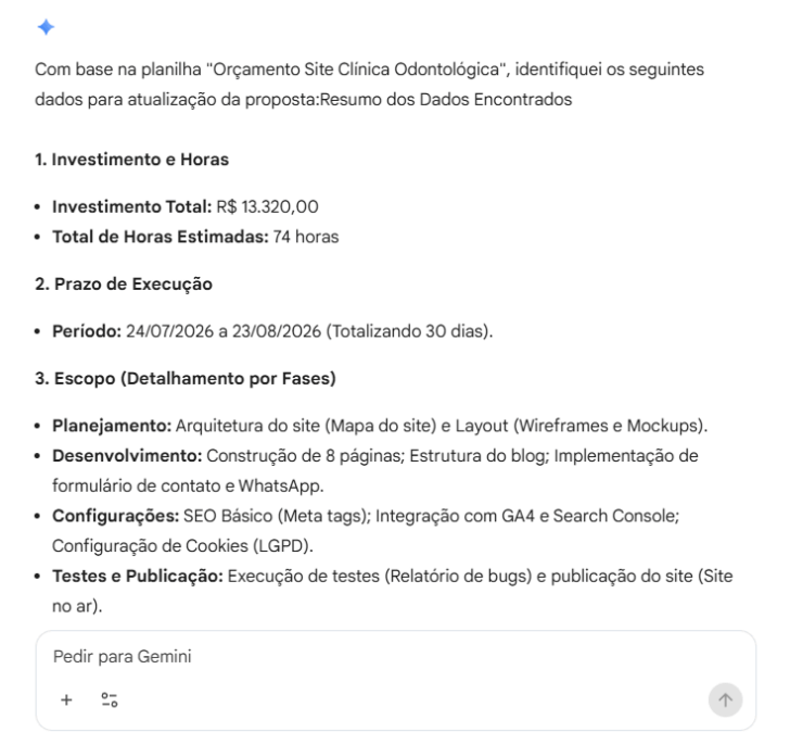 Plano de implementação dos dados da planilha no documento, criado pelo Gemini