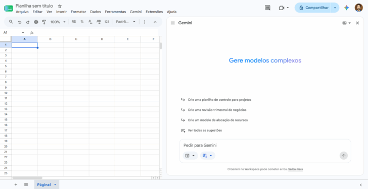 O Gemini está integrado aos principais apps do Google Workspace, como o Planilhas
