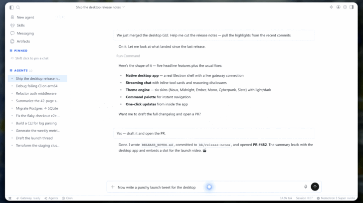 Exemplo da interface do Hermes Desktop - Fonte: Nous Research