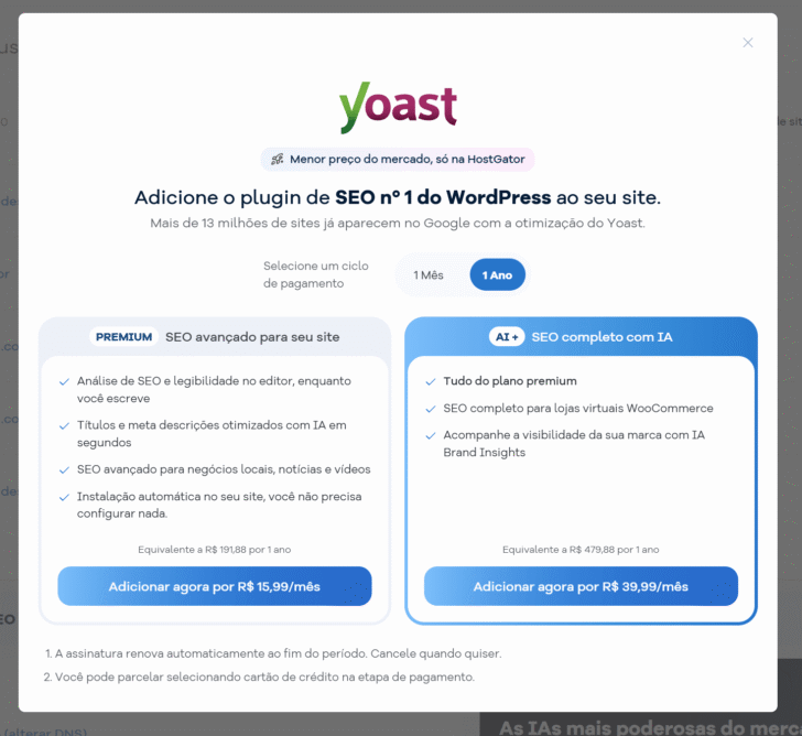 Opções de assinatura do Yoast SEO na HostGator