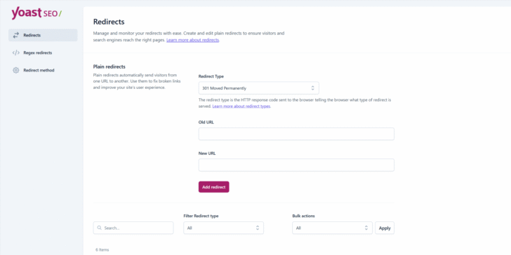 Área de redirecionamentos do plugin Yoast na HostGator