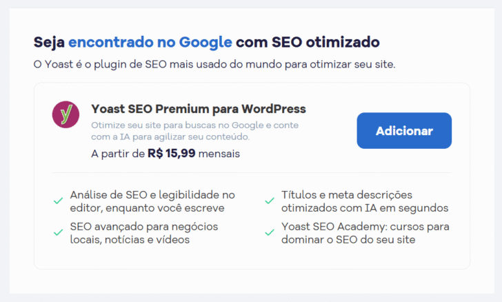 Oferta do Yoast SEO Premium no carrinho de compras da HostGator