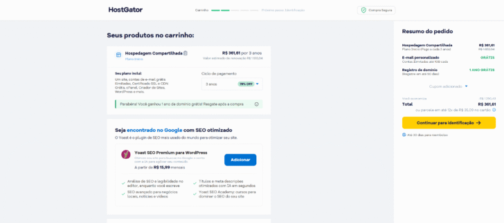 Carrinho de compras com o Yoast visível para contratação