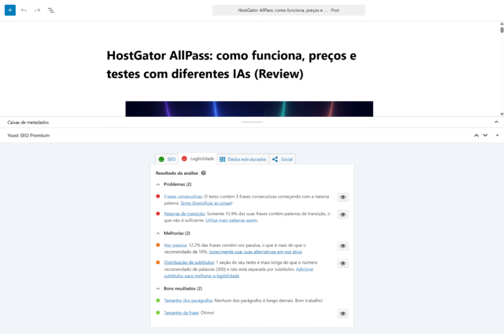 Aba de análise de legibilidade do plugin Yoast SEO na HostGator