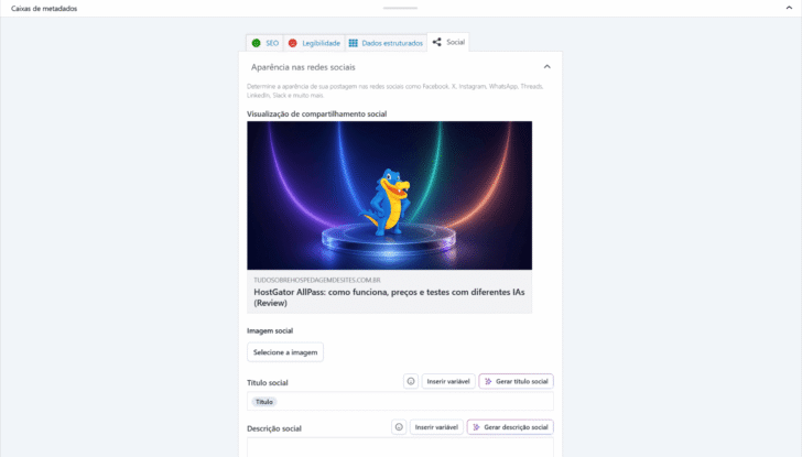 Aba de edição da aparência do compartilhamento em redes sociais