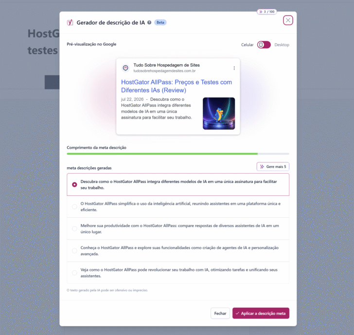 Sugestões de meta descriptions geradas por IA no plugin Yoast SEO