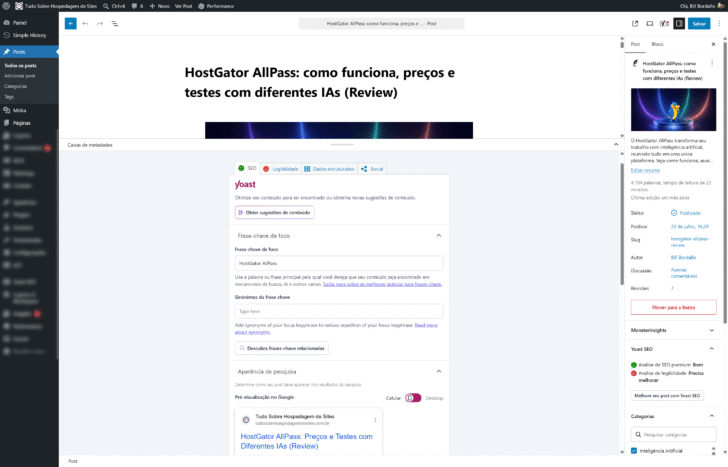 Caixa de metadados disponível dentro da área de edição de posts no WordPress