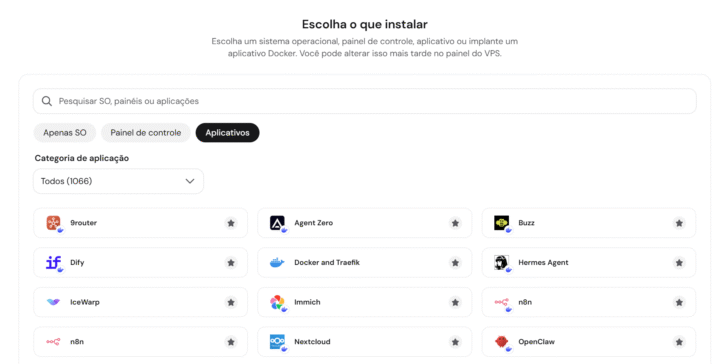 Estas são algumas das imagens disponíveis para instalação no painel da Hostinger durante o onboarding