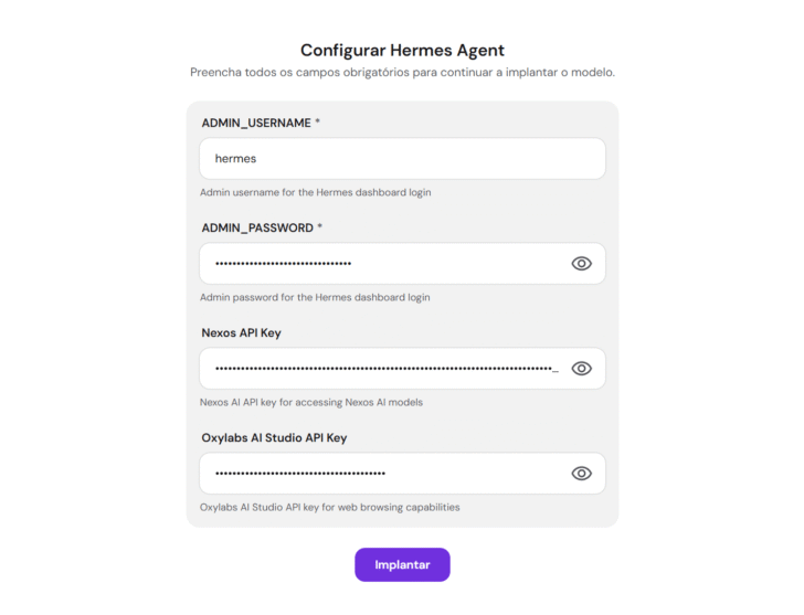 As chaves de API da Nexos e da Oxylabs já vêm previamente configuradas