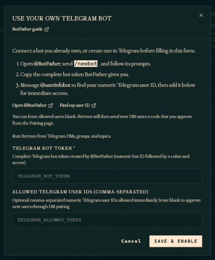 Formulário para integração do Hermes ao Telegram