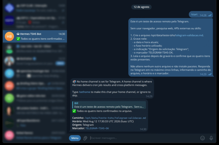 Prompt enviado para o Hermes via Telegram